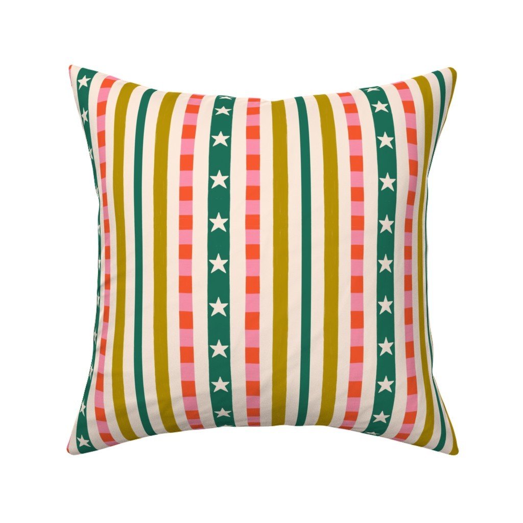 Jolly & Bright: Christmas Star Stripe in Emerald Pink and Mustard on a throw pillow by Spoonflower, copyright Sandra Hutter.