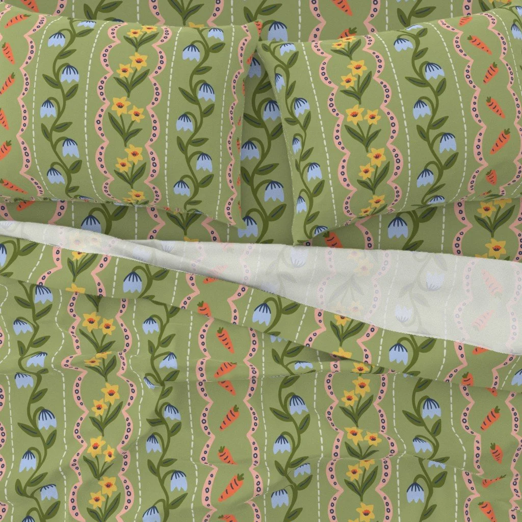 Pillows and Bead Sheets featuring the pattern Folk Art Vintage Florals and Carrots Stripes - Sage Green from the Bunny Garden Collection