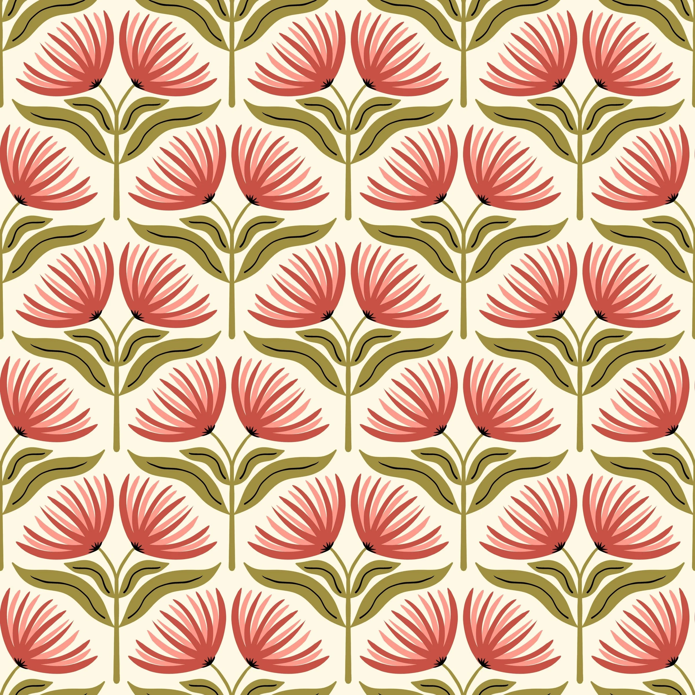 Seamless repeat pattern with red clay folk fan flowers on olive stems on cream, copyright Sandra Hutter.