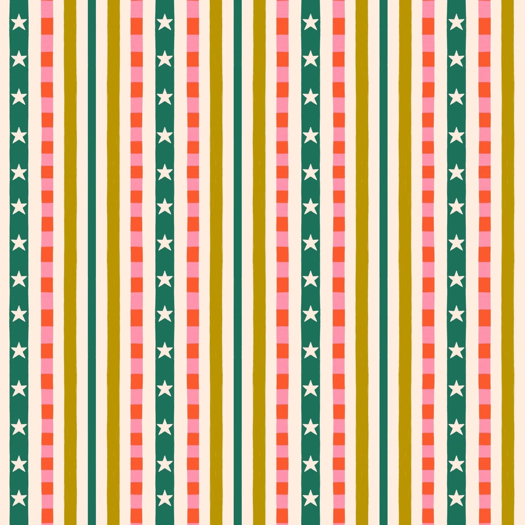 Jolly & Bright: Christmas Star Stripe in Emerald Pink and Mustard pattern preview, copyright Sandra Hutter.