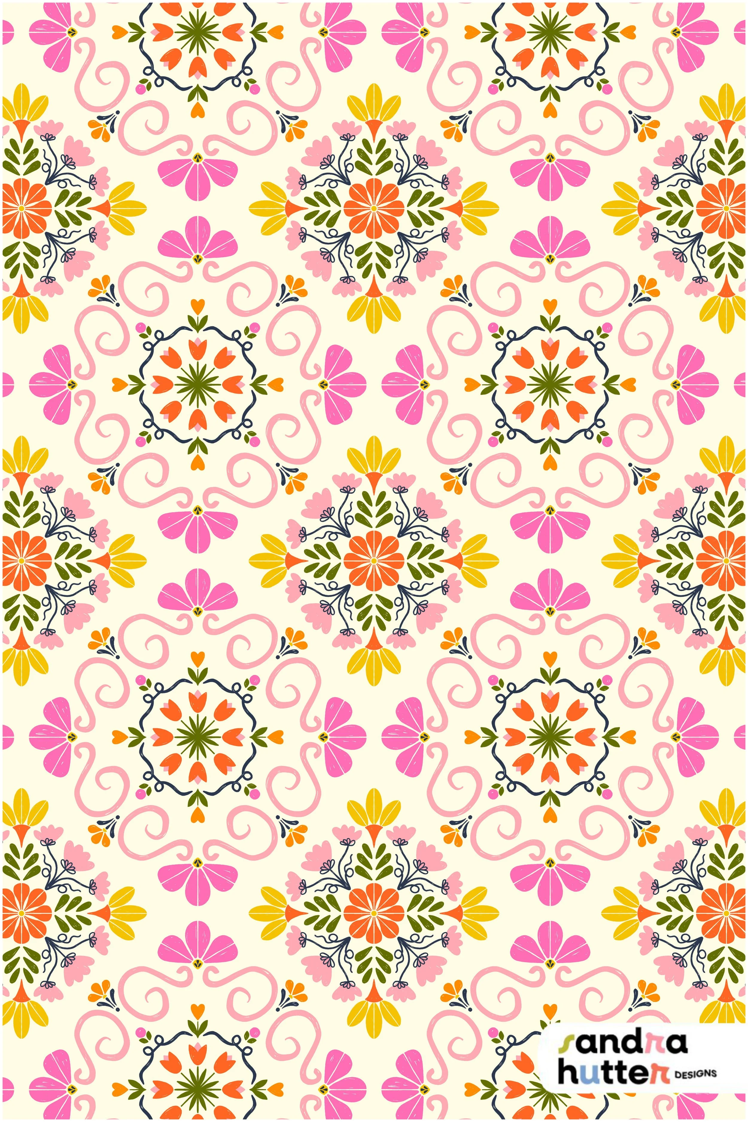 The Block Print Boho Floral and Botanical Tiles Pattern Design Featuring Ornamental Multicolor Flower Designs from the Heirloom Garden Collection