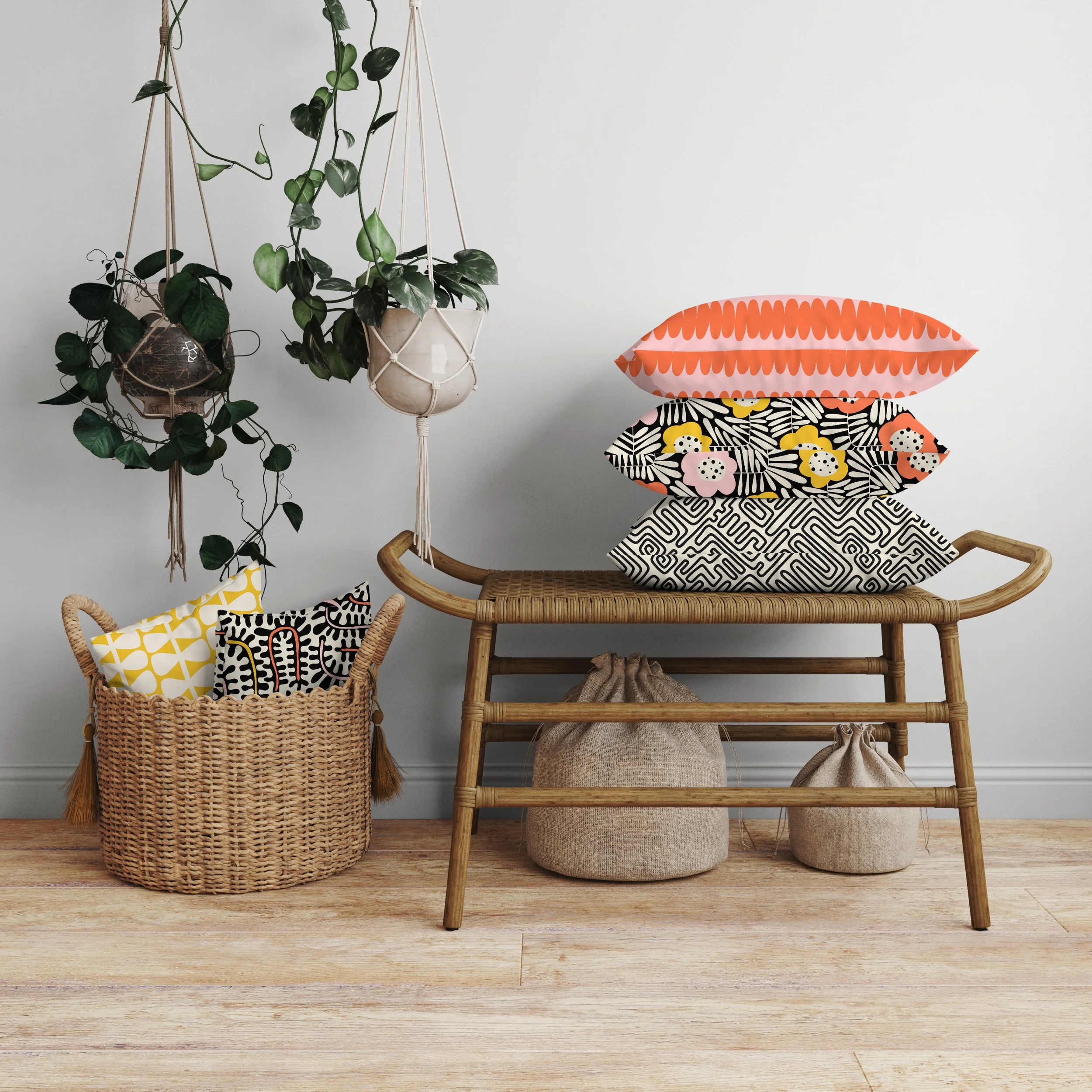 Series of throw pillows with the 5 patterns of the Climbing Flowers Collection with Florals, Botanicals, and Geomentrics in a Scarlet Orane, Pink, Yellow, Black, and White Color Palette