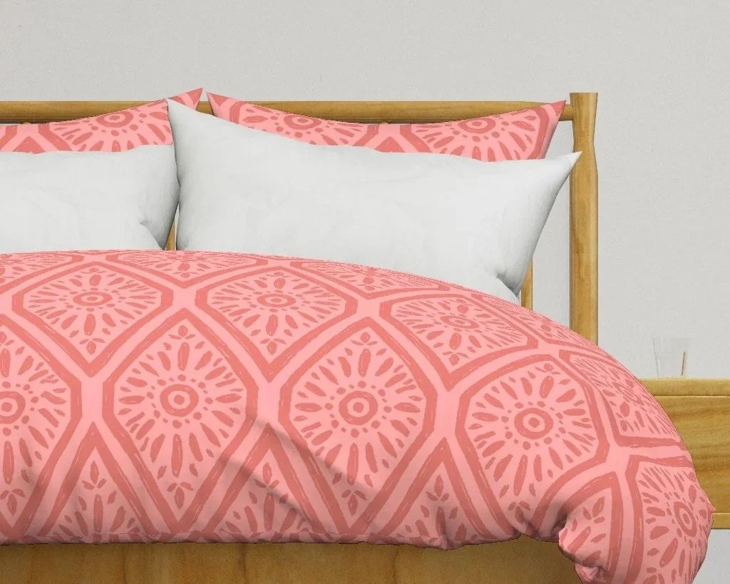 Duvet and Pillow Cases Featuring the Pattern Boho Sun Folk Art Ogee Diamonds - Coral Pink