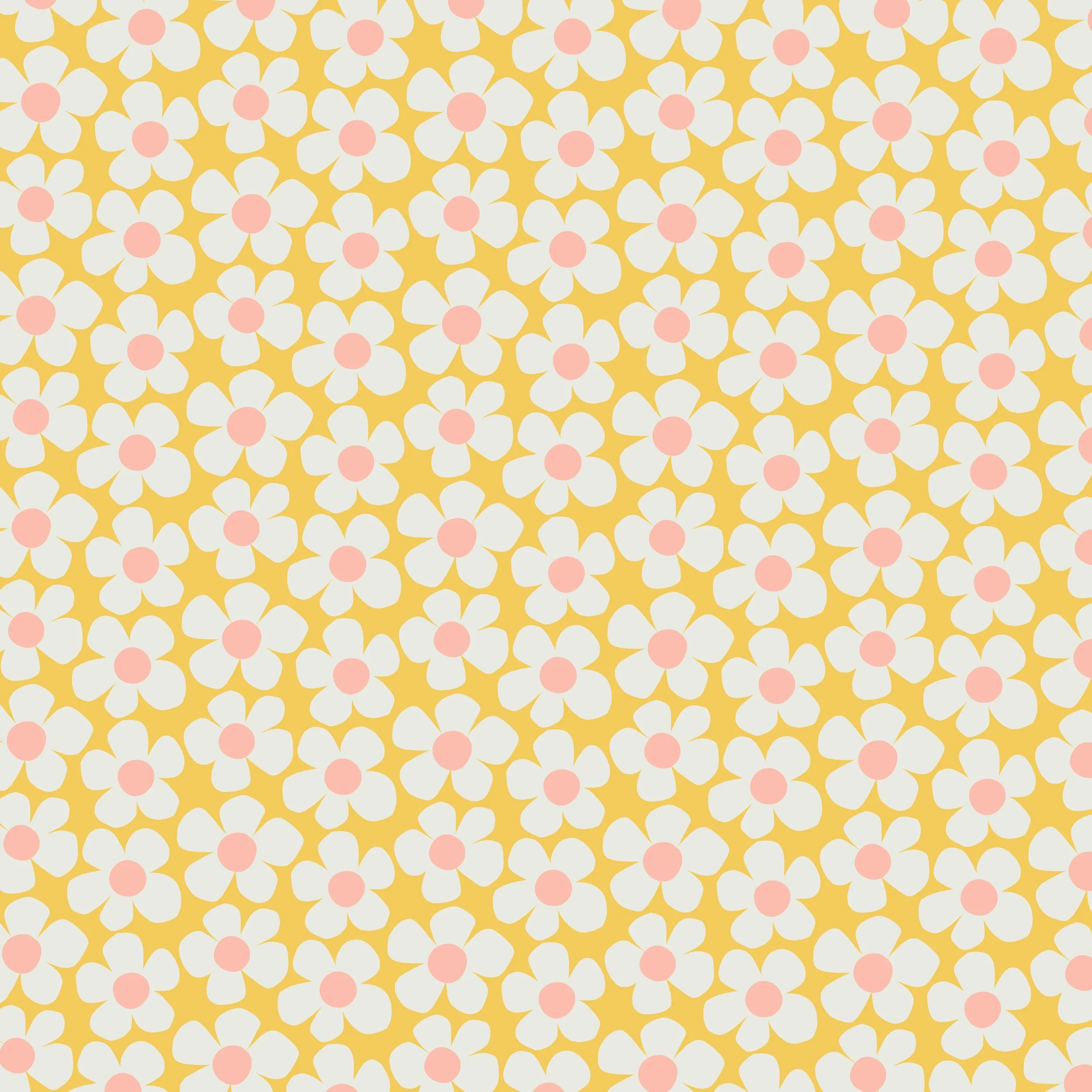 Retro style floral pattern of bold five petal paper-cut-out style flowers with large circular centers on a solid color background. White, peach pink, and yellow colors.