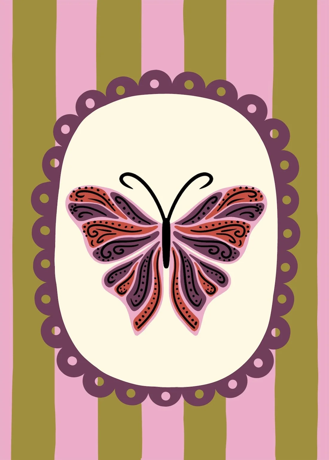 Placement print with a folk butterfly in plum, terra cotta and blush inside a scalloped plum frame on pink and olive stripes, copyright Sandra Hutter.