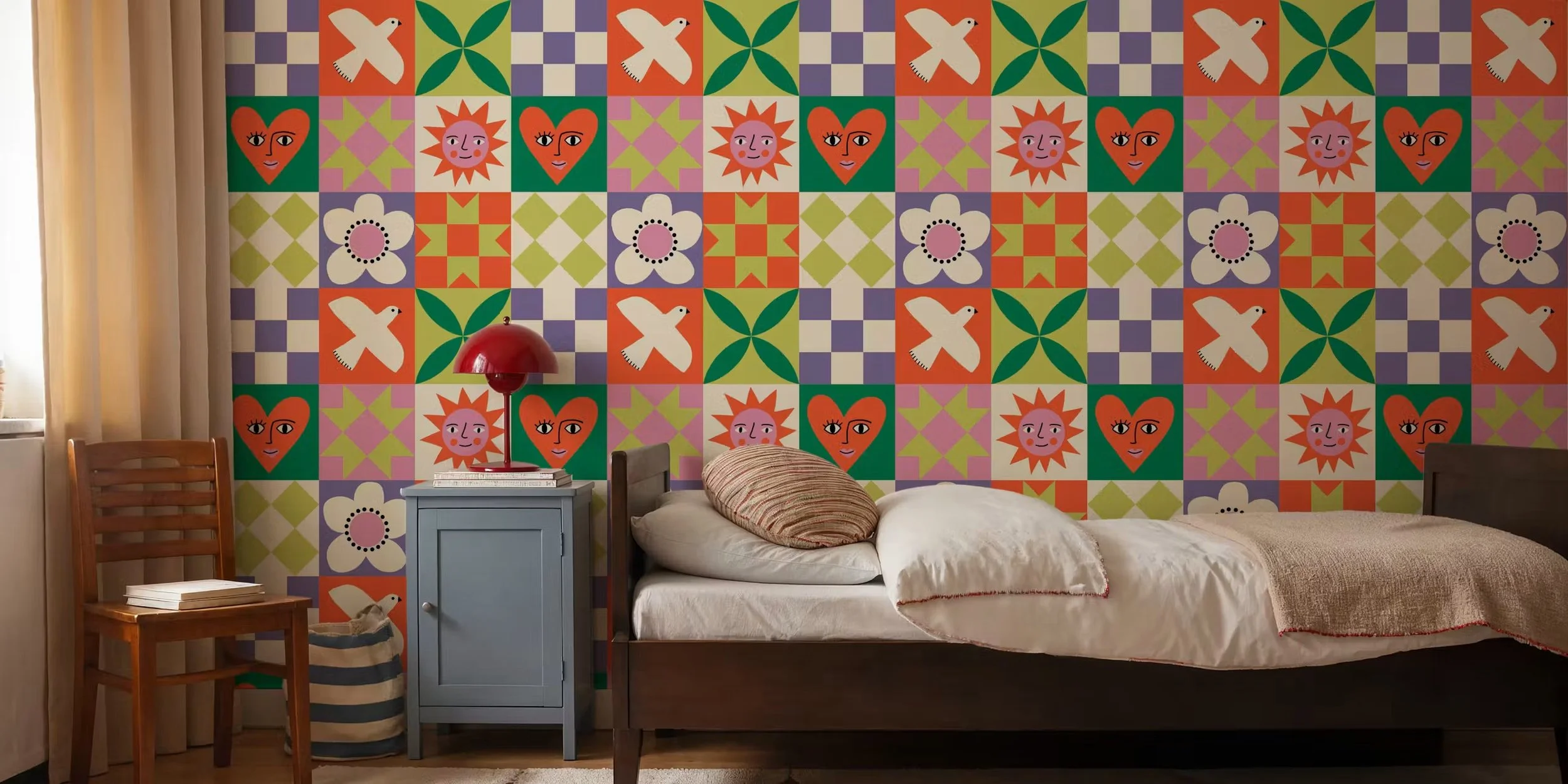 Patchwork quilt block wallpaper with a dove, smiling sun and heart faces in a kids' bedroom, copyright Sandra Hutter.