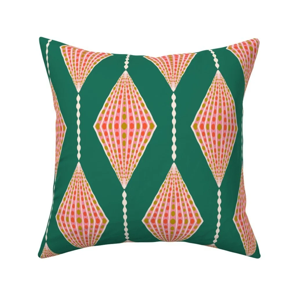 Jolly & Bright: Hanging Ornament Diamond Stripe in Emerald and Pink on a throw pillow by Spoonflower, copyright Sandra Hutter.