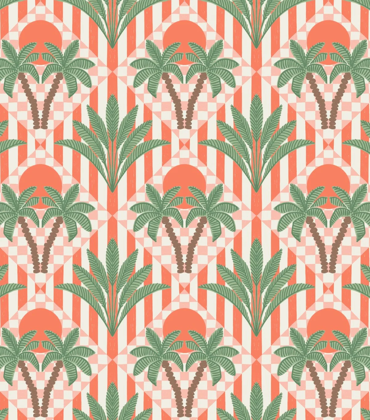 Retro Palm Tree Sun Tile Geometric Pink Coral Peach Orange Coastal Grid