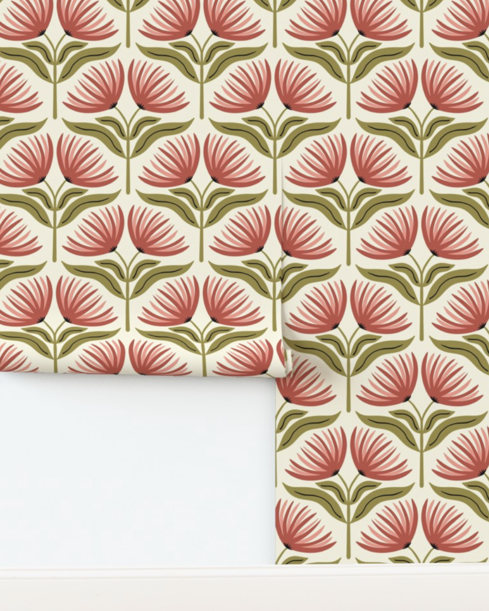 Wallpaper with red clay folk fan flowers on olive stems on cream, copyright Sandra Hutter.