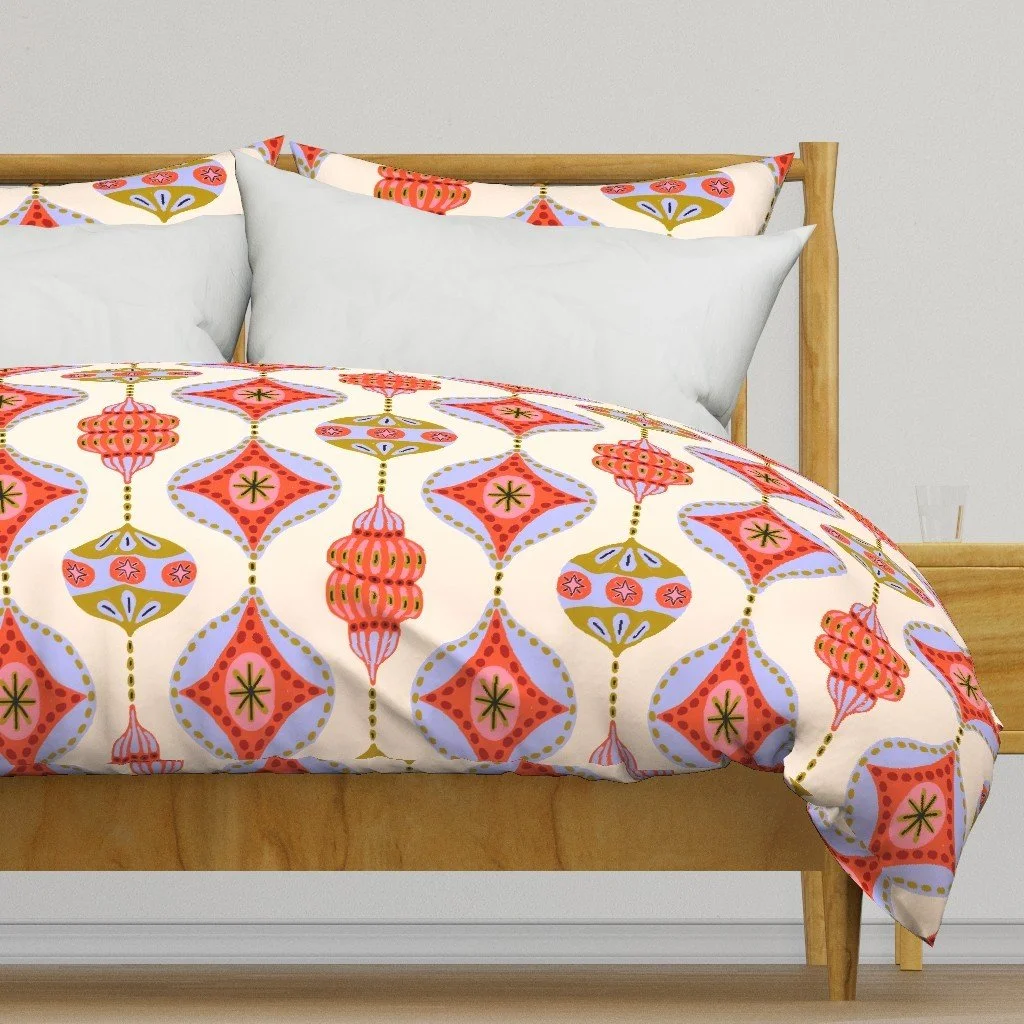 Jolly & Bright: Retro Christmas Ornament Ogee in Cream and Lavender on a duvet cover by Spoonflower, copyright Sandra Hutter.