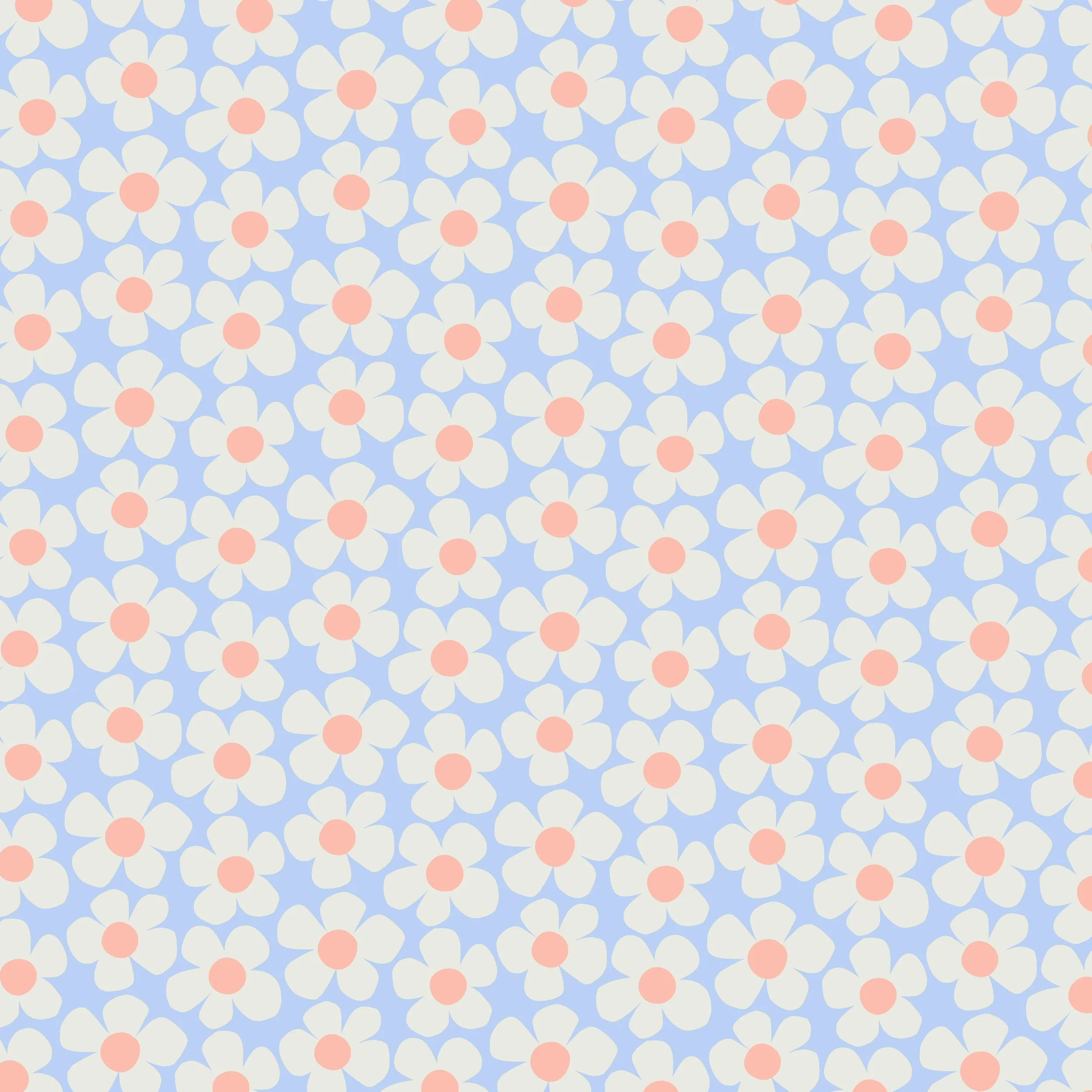 Retro style floral pattern of bold five petal paper-cut-out style flowers with large circular centers on a solid color background. Off white, peachy pink, and pastel blue colors.