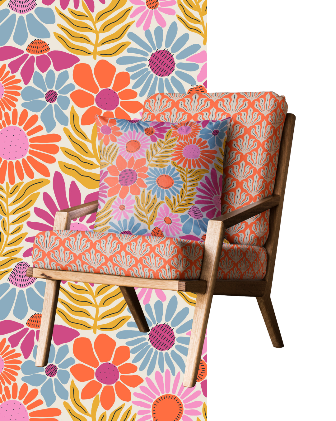 Bold floral surface pattern design displayed on upholstered furniture, showcasing artwork for textiles, upholstery, wallpaper, and home décor licensing. Artwork © Sandra Hutter.