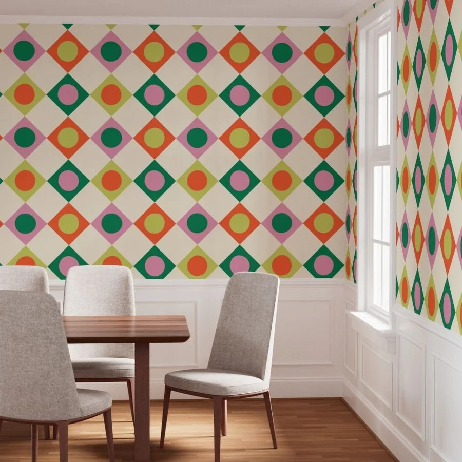 Dining room wallpaper with jumbo harlequin diamonds and gumball dots in pink, tangerine, lime and kelly green, copyright Sandra Hutter.