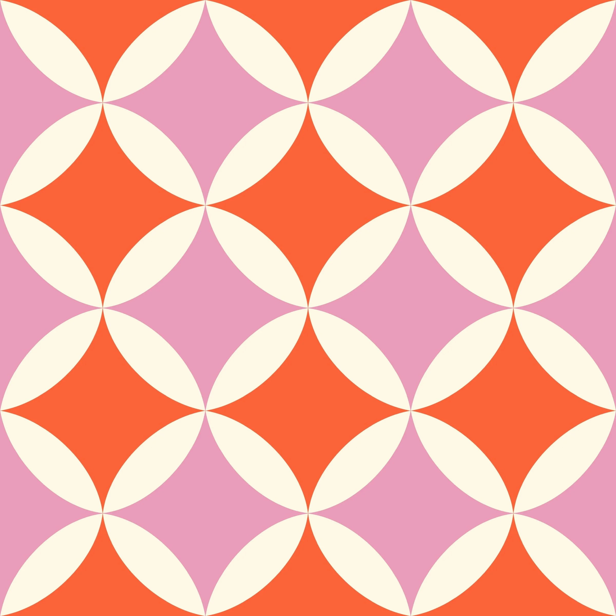 Orange peel quilt block pattern with cream petals over tangerine and bubblegum pink, copyright Sandra Hutter.