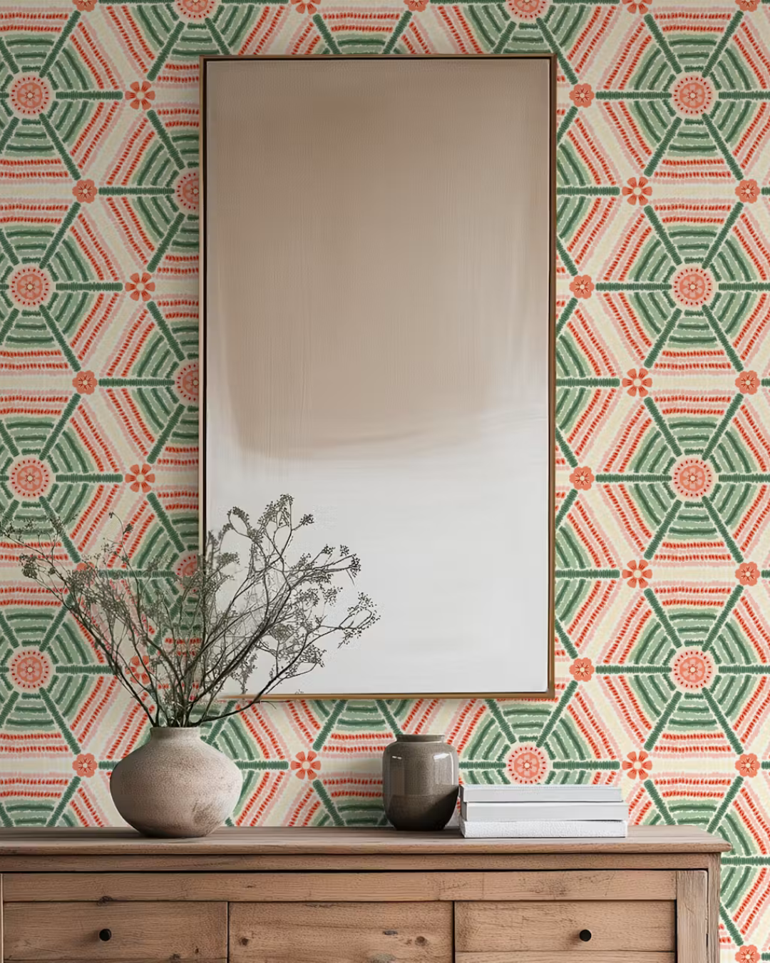 Coral Green Boho Geometry Hexagon Tiles wallpaper
