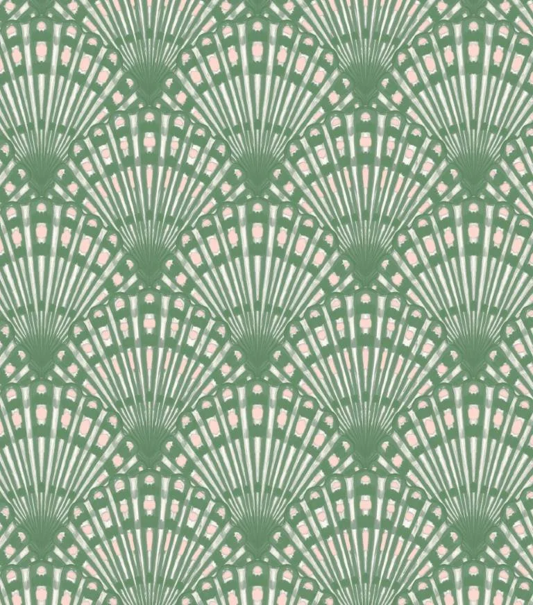 Scallop Shells Green - Coastal Art Deco Shell Fan