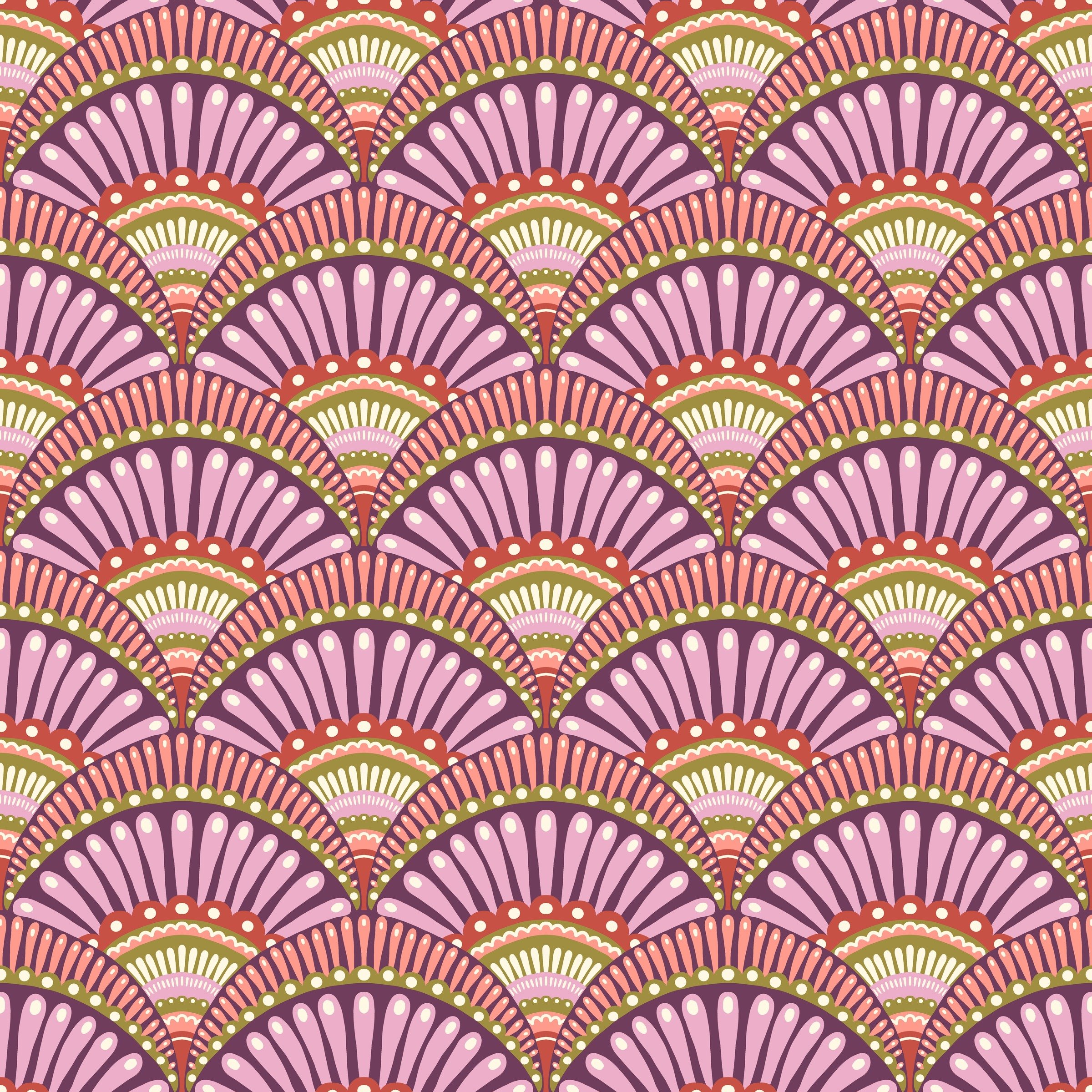 Seamless repeat pattern with plum, blush and coral folk scallop fans, copyright Sandra Hutter.