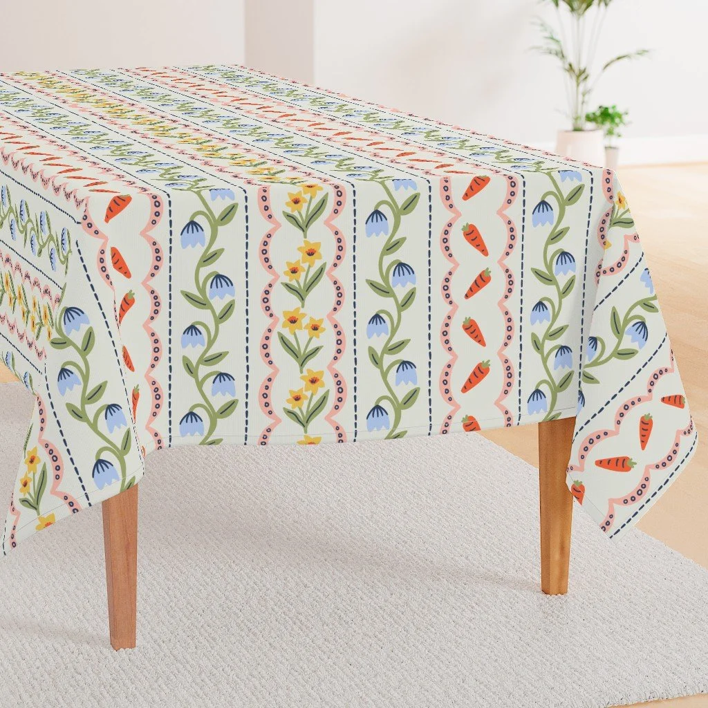 tablecloth featuring the pattern Folk Art Vintage Florals and Carrots Stripes - Cream White
