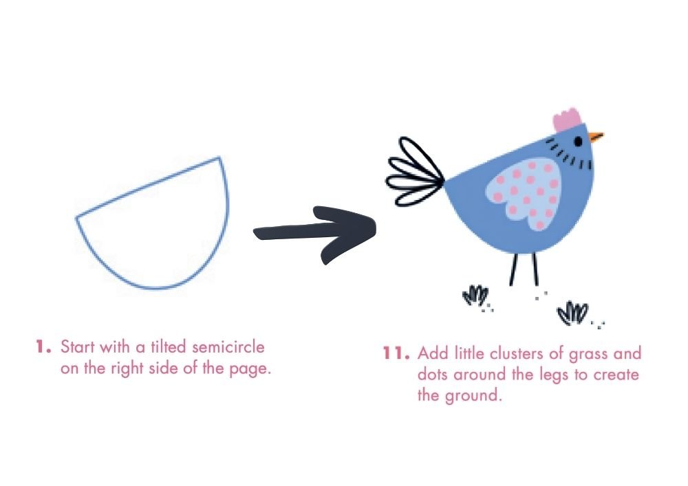 Step-by-step tutorial page from Modern Folk Art showing a chicken illustration built from a simple tilted semicircle