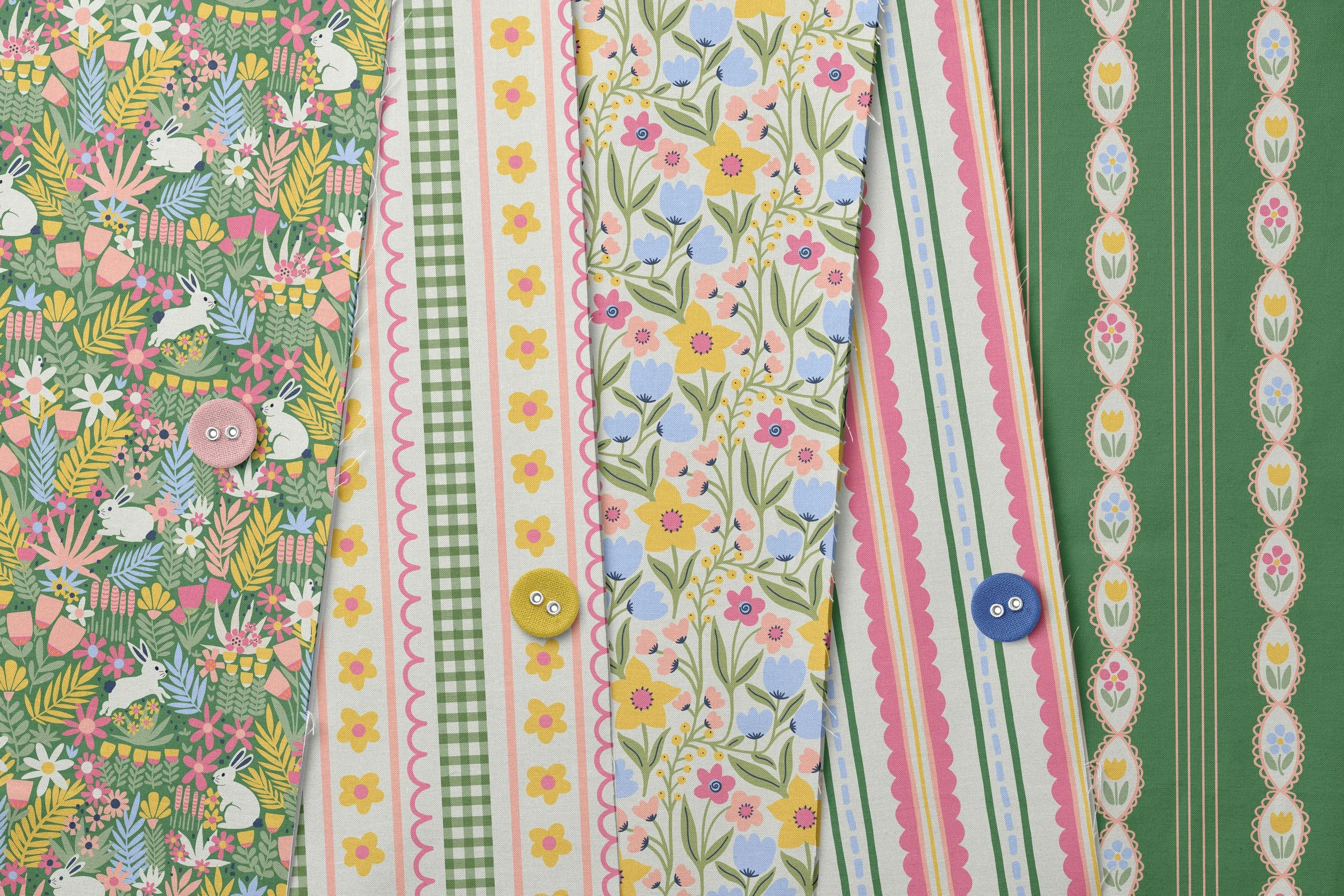 Series of fanning fabric swatches featuring the patterns from the Springtime Bunnies collection