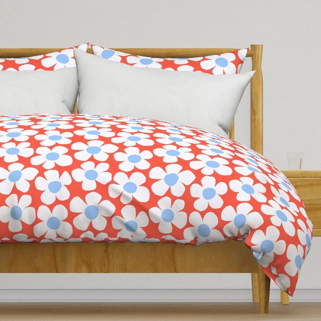 Duvet Cover featuring the Big White Spring Blossoms - Red and Blue pattern from the Bunny Garden Collection