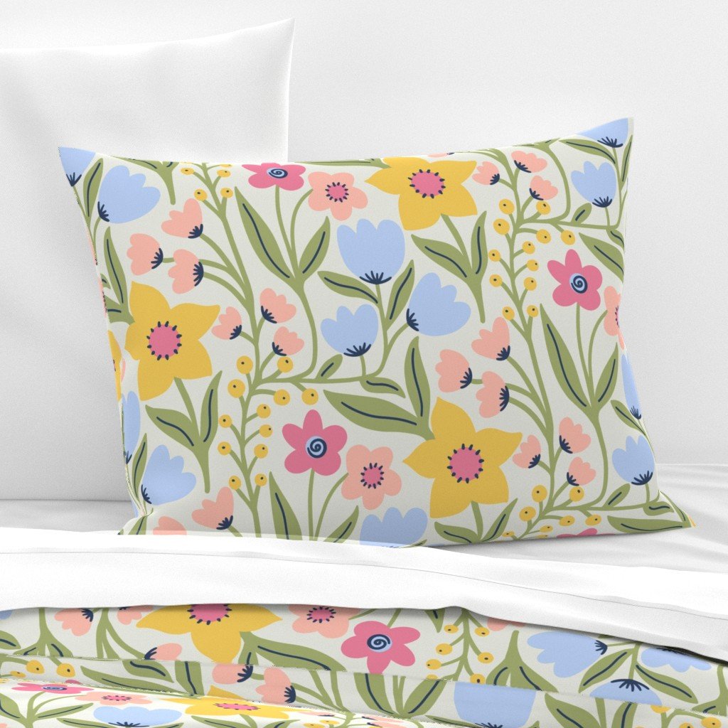 Pillow and blanket featuring the pattern Daffodils and Wildflowers Spring Garden - Cream