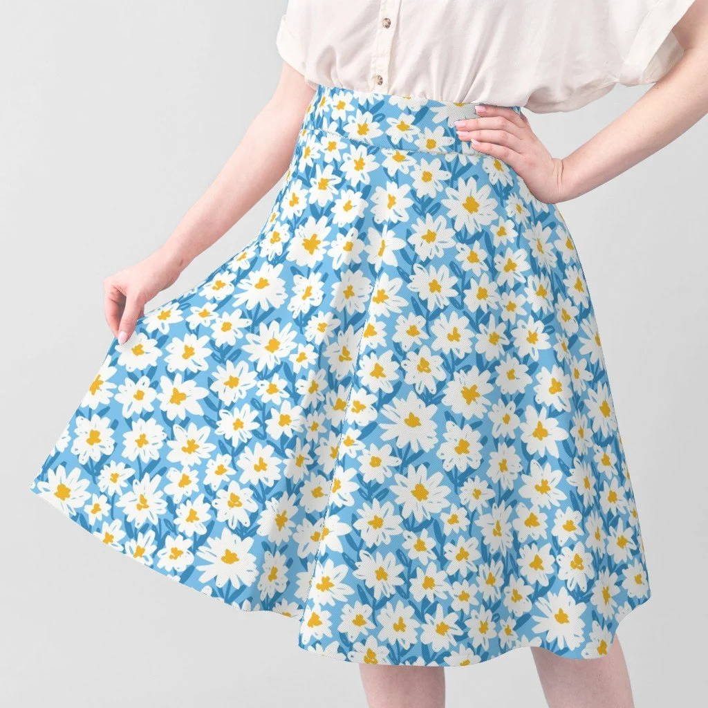 circle skirt featuring the pattern Daisy Doodle Flower Field - Sky Blue