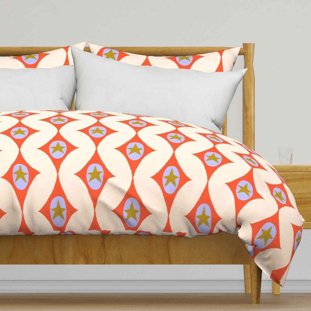 Jolly & Bright: Retro Star Diamonds in Tangerine and Cream on a duvet cover by Spoonflower, copyright Sandra Hutter.