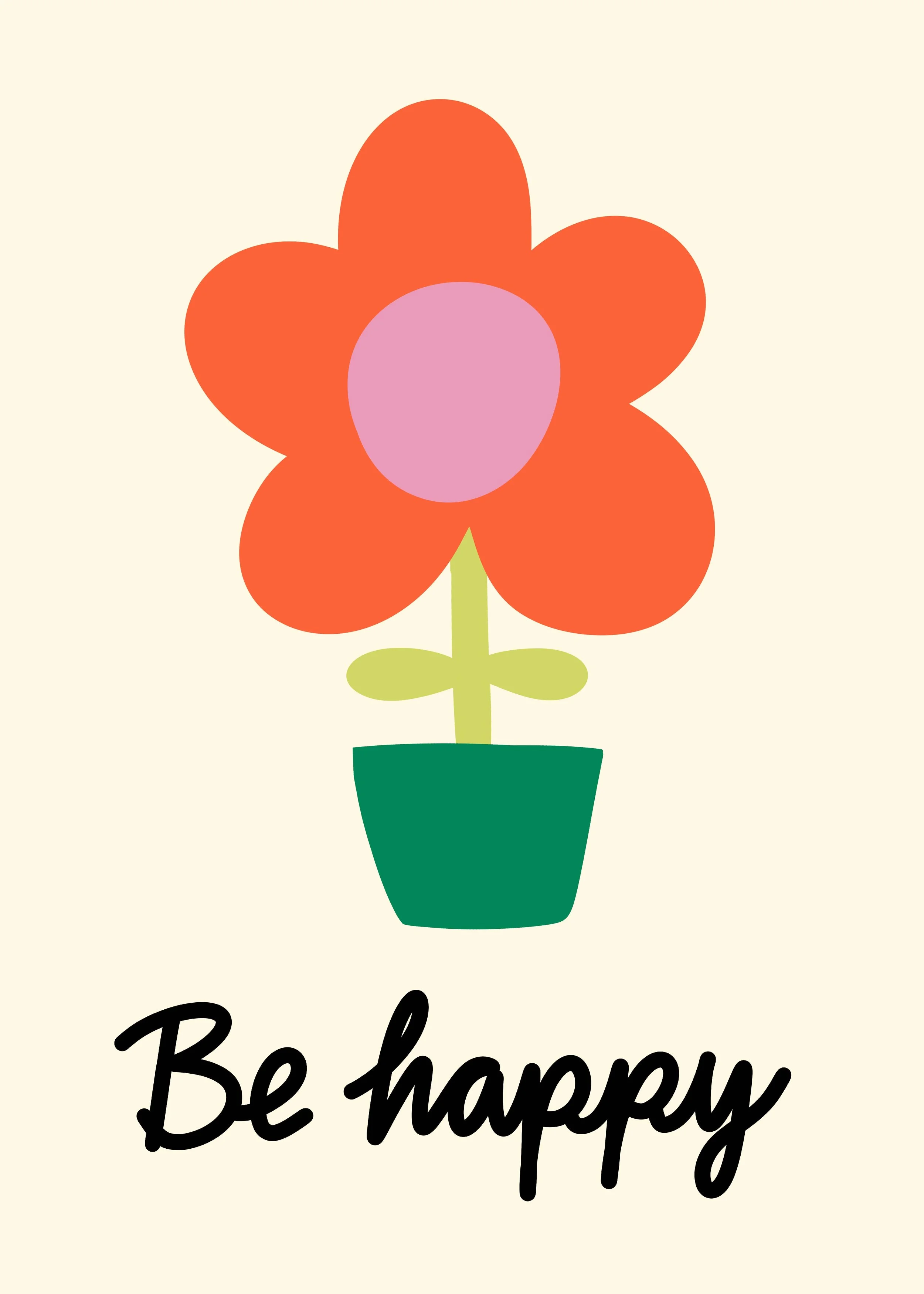 Be Happy placement print with an orange flower in a green pot and script lettering in tangerine, lime, kelly green, lavender and pink on cream, copyright Sandra Hutter.