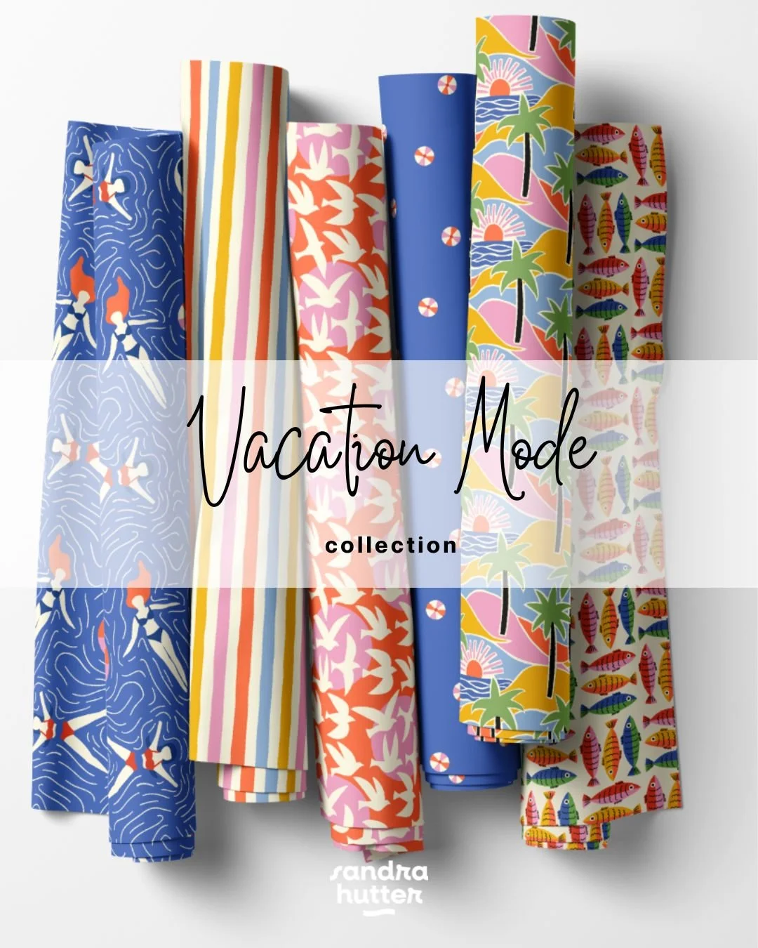 Vacation Mode is a cheerful coastal collection inspired by sunny beach days, ocean swims, palm trees and playful summer details. The designs are available for fabric and wallpaper through selected print-on-demand partners, and the artwork is also ava