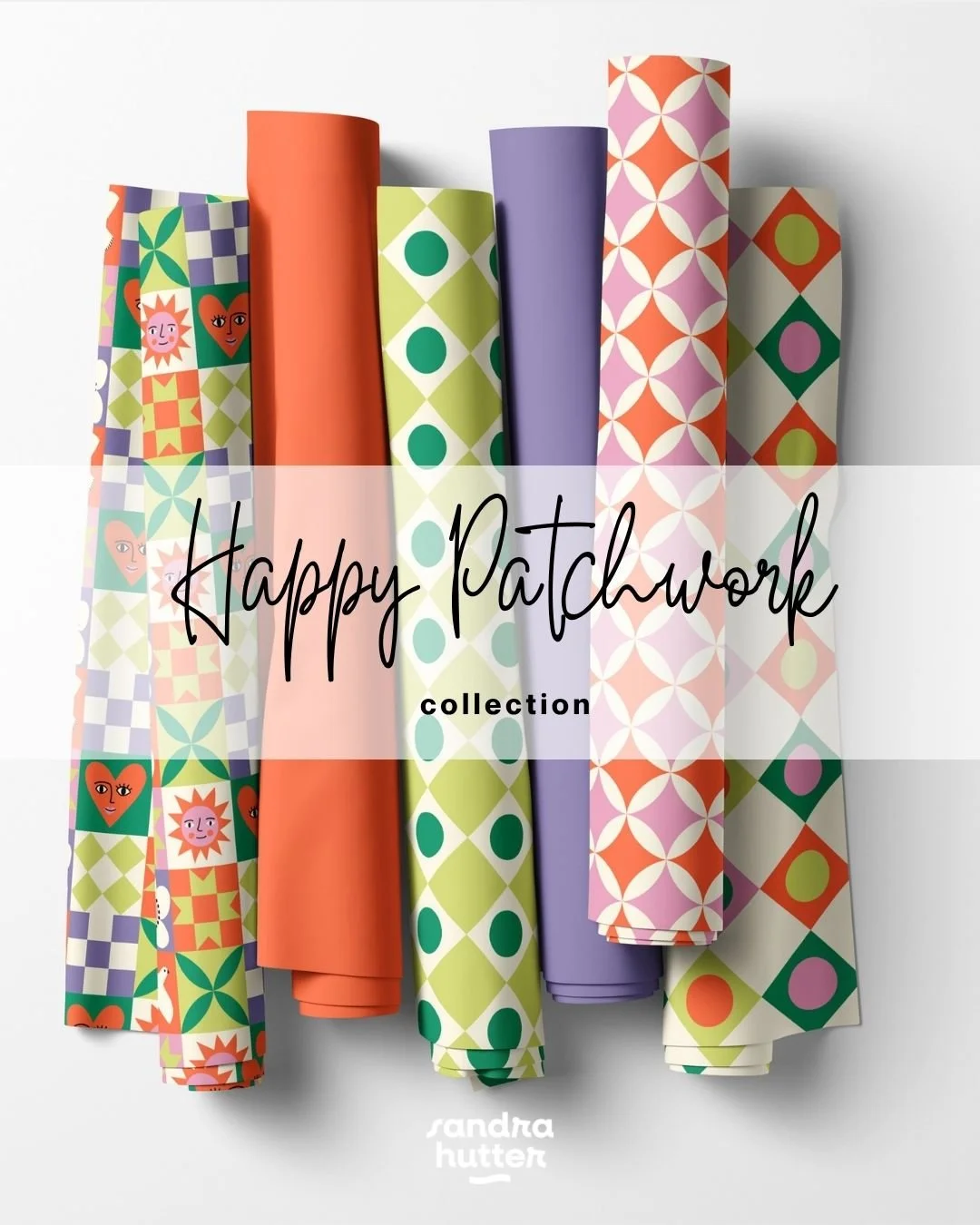 Happy Patchwork mixes retro quilt blocks, smiling folk motifs and loud candy colours for a playful, happy patchwork look.