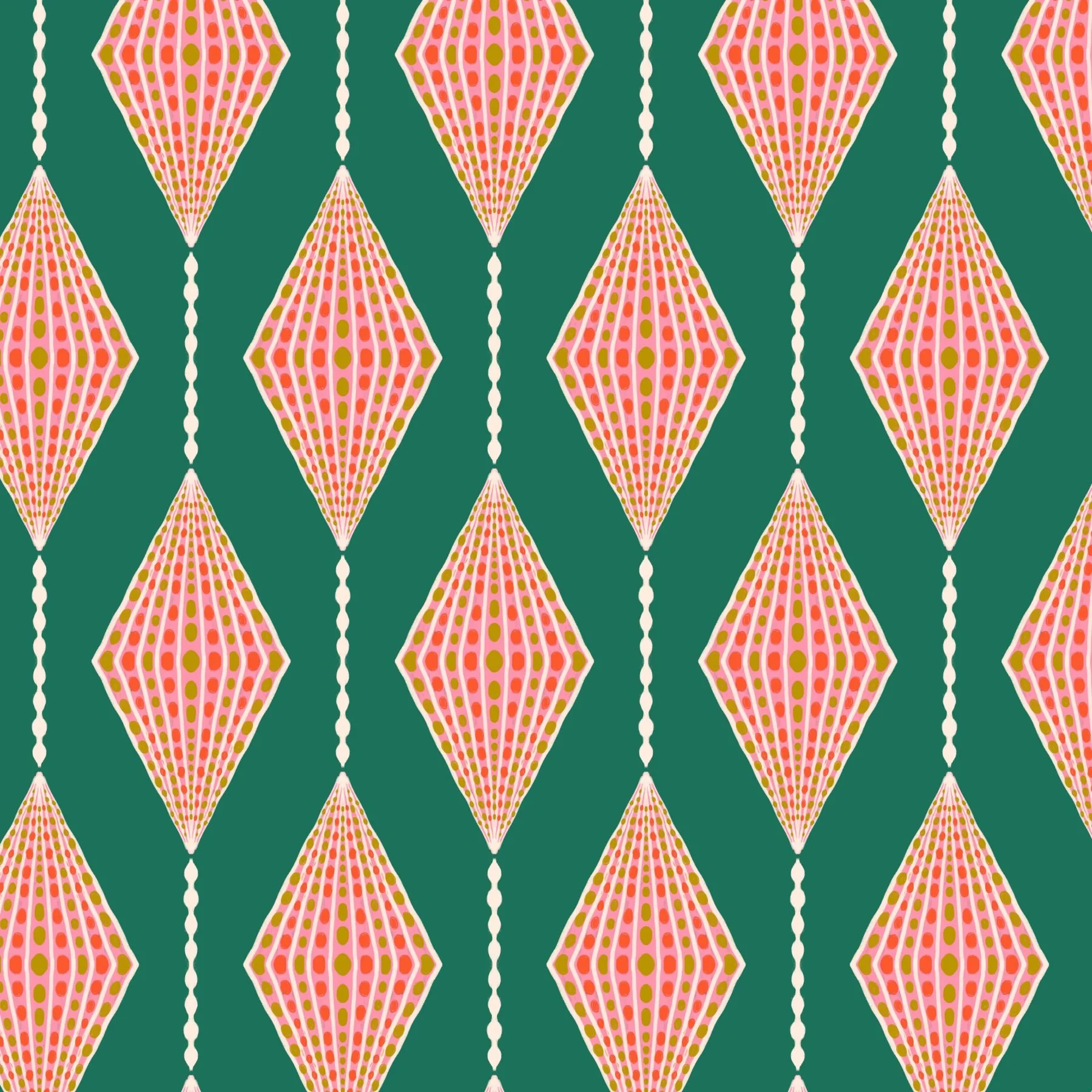 Jolly & Bright: Hanging Ornament Diamond Stripe in Emerald and Pink pattern preview, copyright Sandra Hutter.