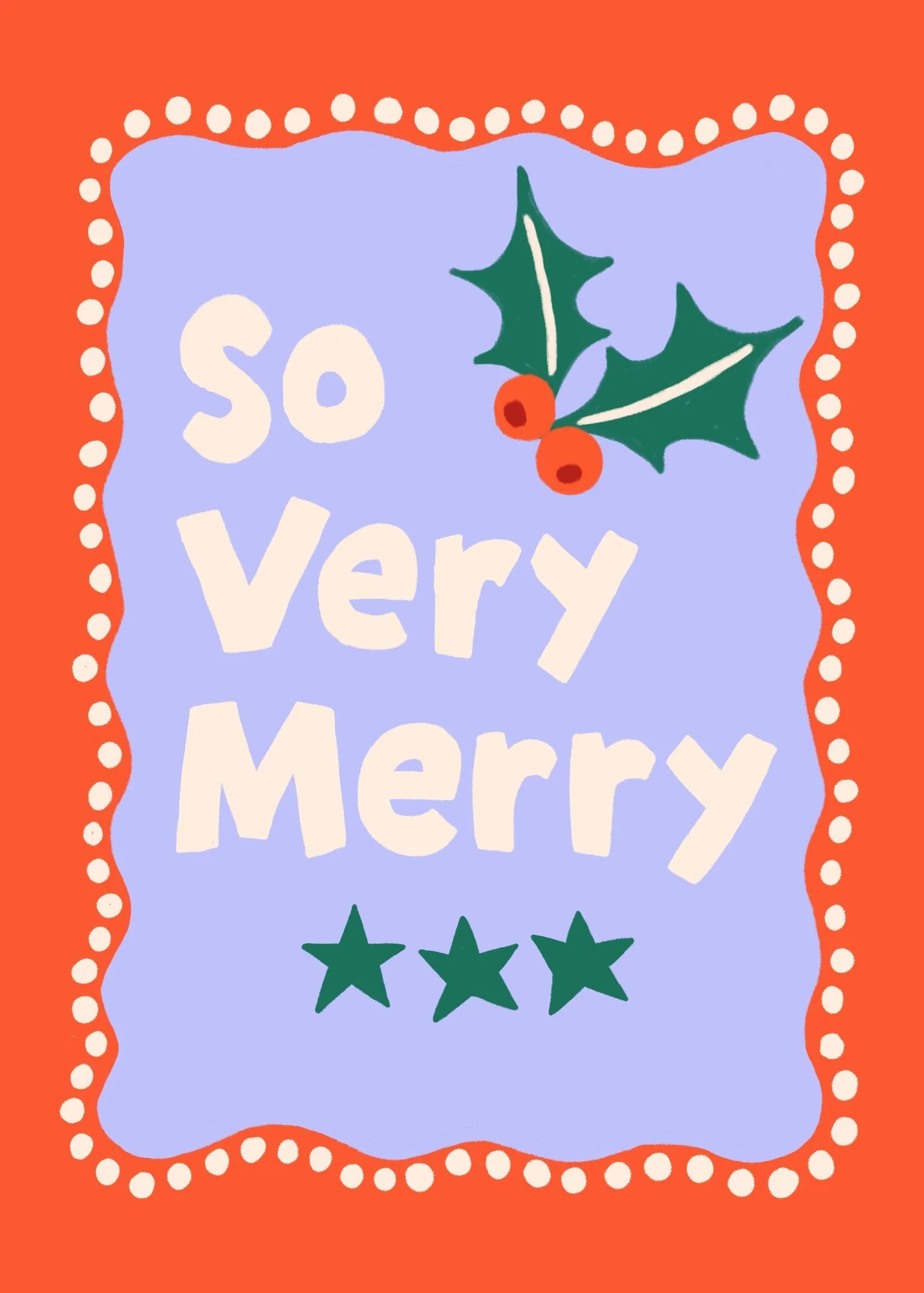 Very Merry placement print with red lettering on lavender, copyright Sandra Hutter.