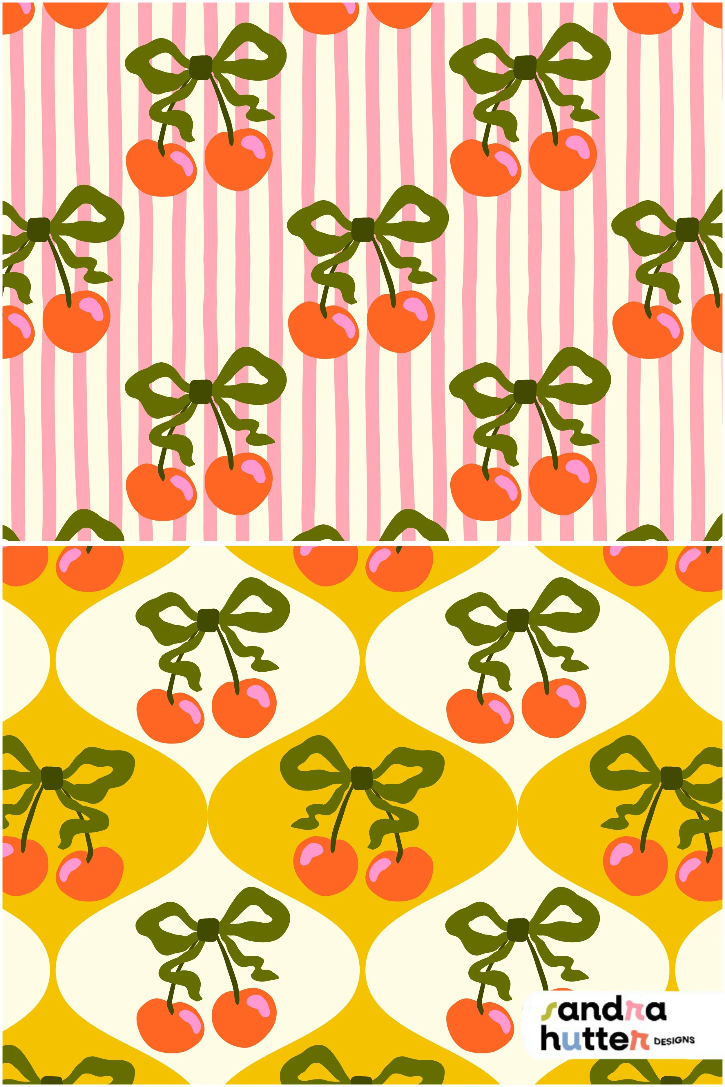 The Red Cherries an Coquette Green Bows Pattern Designs from the Heirloom Garden Collection. Available with 2 Backgrounds; Pink Stripes or Yellow Ogee Shapes