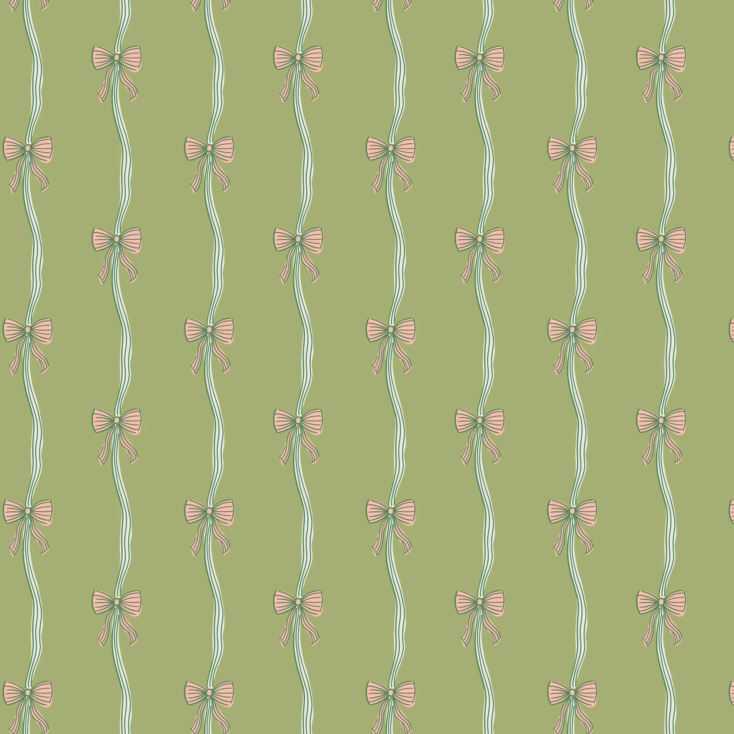 Dainty, cute, line art ribbon stripes with coquette bows. Hand drawn design filled with charm and girly elegance. Dark green line art on a sage green background with pastel pink and white fill.