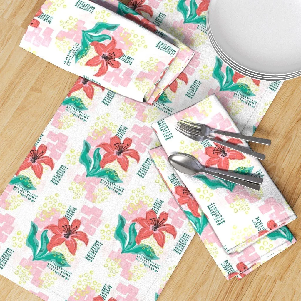 Table runner and dinner napkins featuring the Retro Lily Flower Geometric Garden pattern