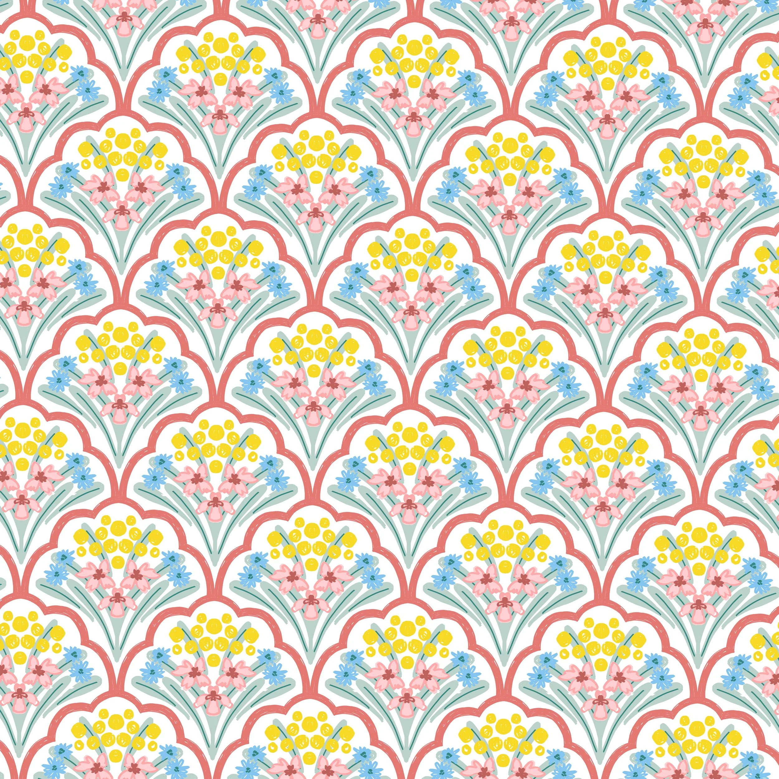 vintage inspired scallop damask pattern featuring a colorful bouquet of various textured flowers in a pastel pink, yellow, and blue color scheme on a white and coral pink background