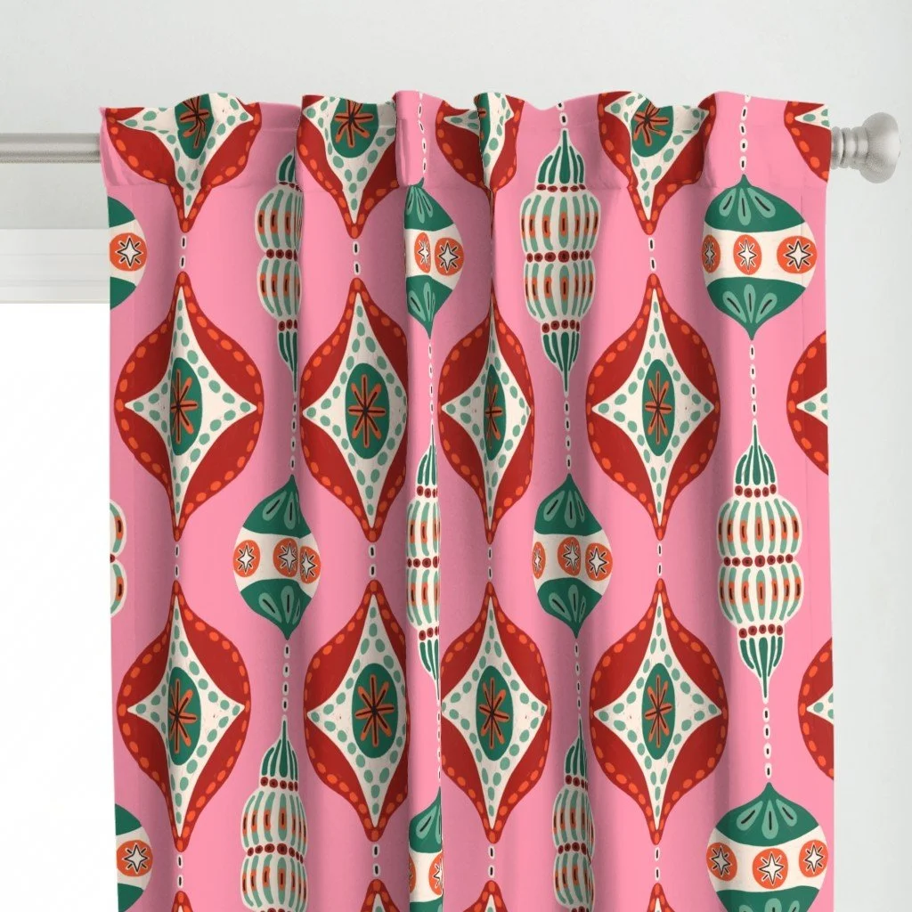Jolly & Bright: Retro Christmas Ornament Ogee in Pink and Emerald on a pair of curtains by Spoonflower, copyright Sandra Hutter.