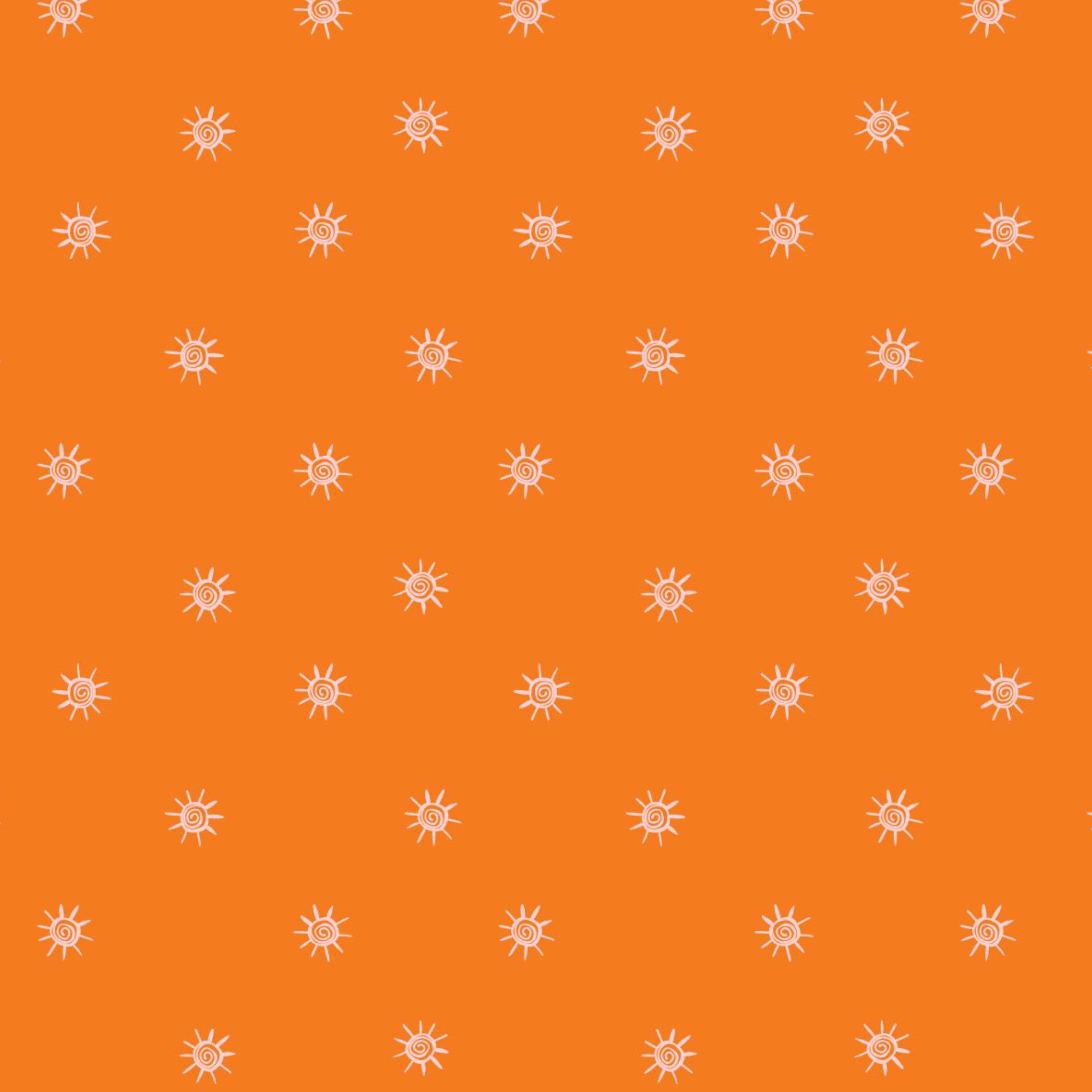 Hand-drawn doodle suns pink on a warm orange background create - cute non-directional boho print—perfect for kids’ rooms, nursery, beach wear.