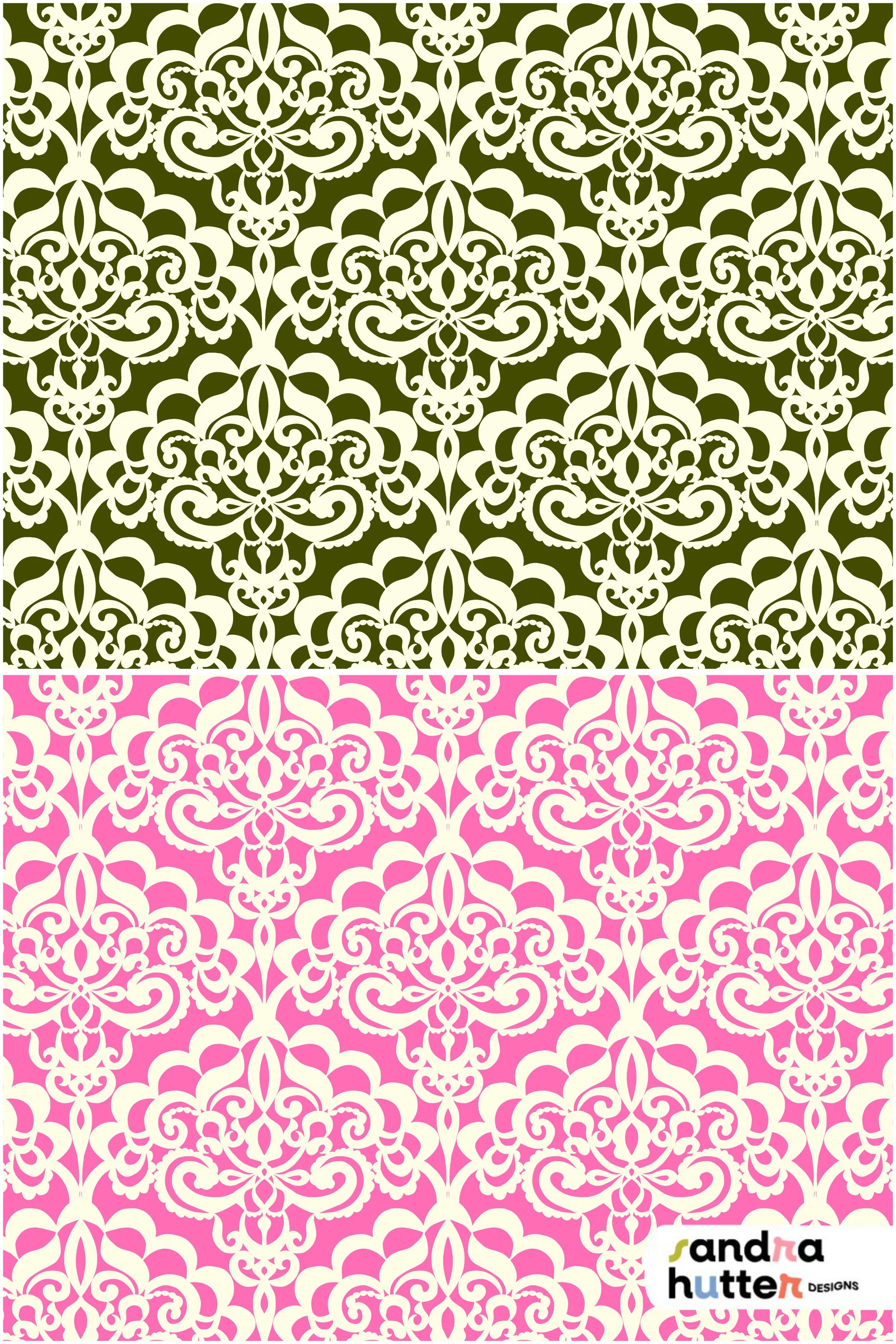 The White Frilly Lace Damask Pattern Design from the Heirloom Garden Collection. A Lacey Ornamental White Design Available in 2 Color Background Options; Green and Pink