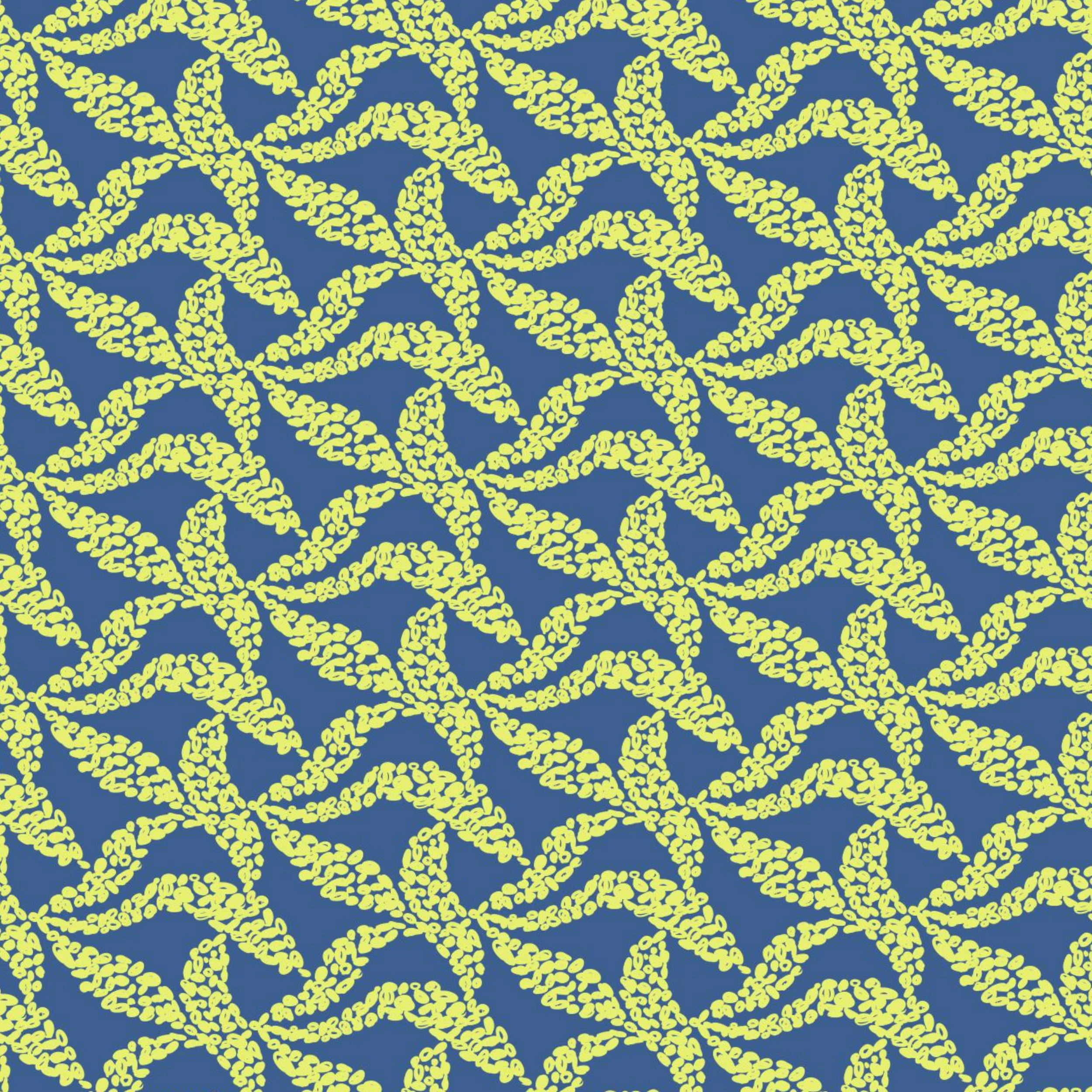creative flowing ocean kelp botanical shapes made up of a series of hand drawn, abstract, yellow circles on a navy blue background