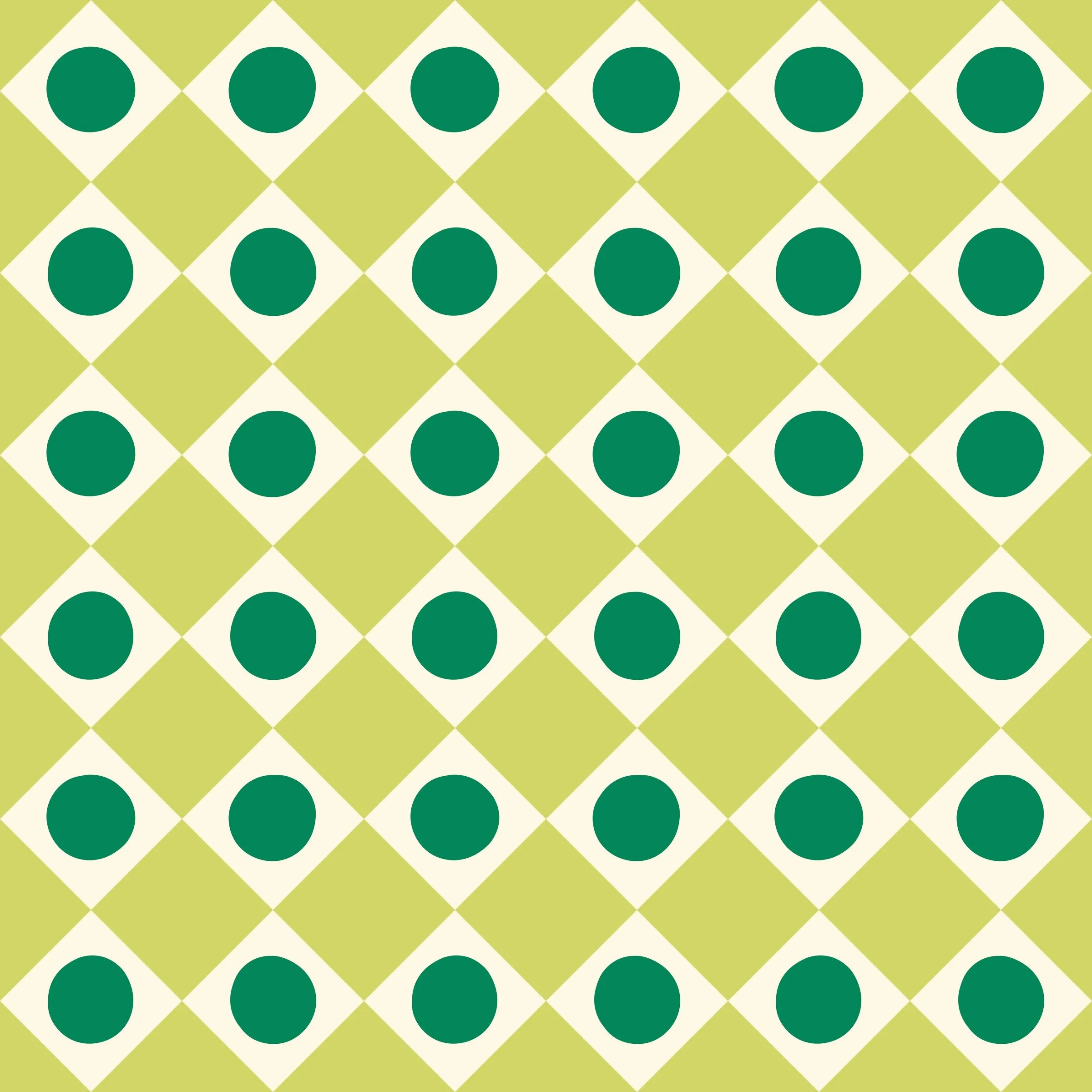 Cream harlequin diamonds on lime with kelly green dots, copyright Sandra Hutter.