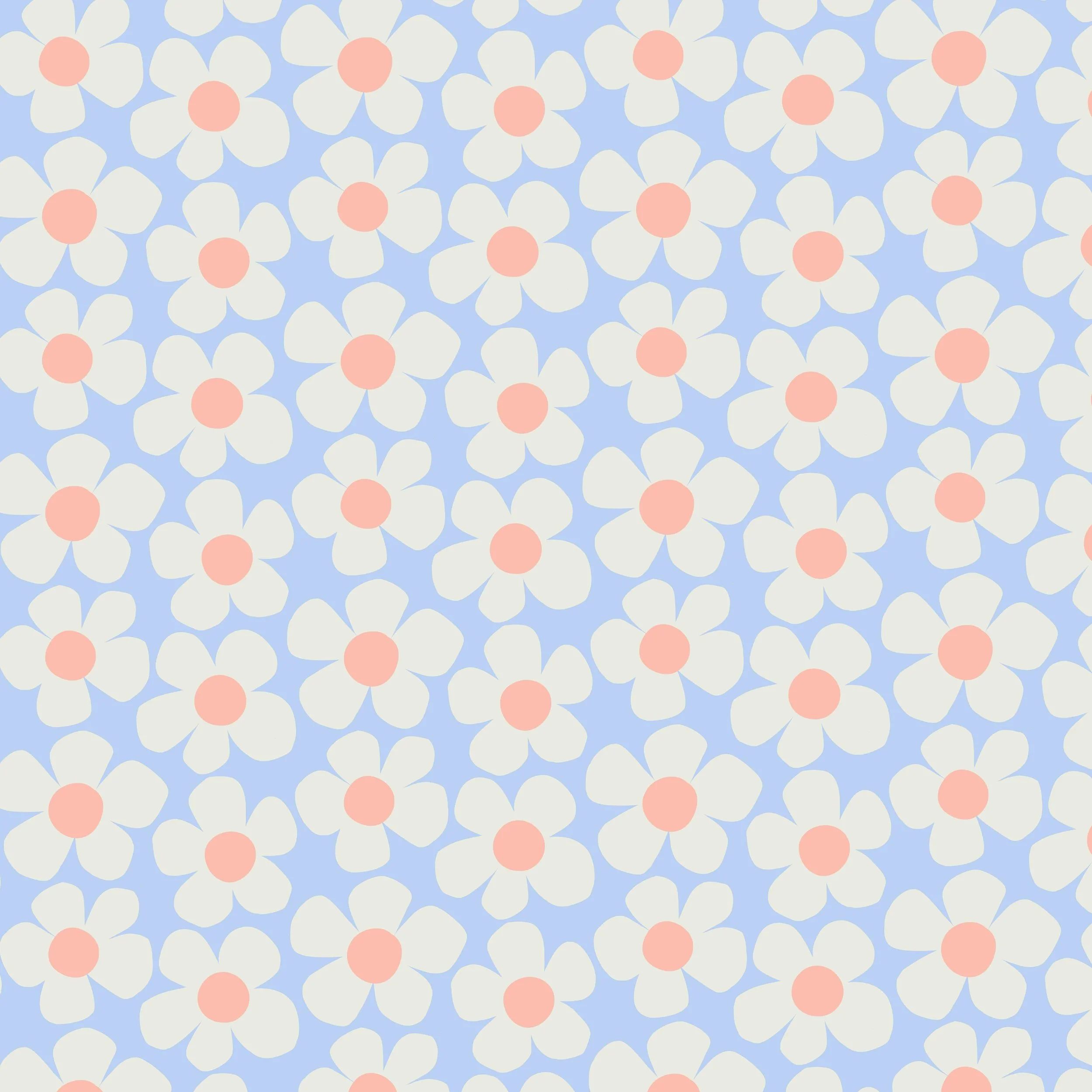 Retro style floral pattern of bold five petal paper-cut-out style flowers with large circular centers on a solid color background. Off white, peachy pink, and pastel blue colors.