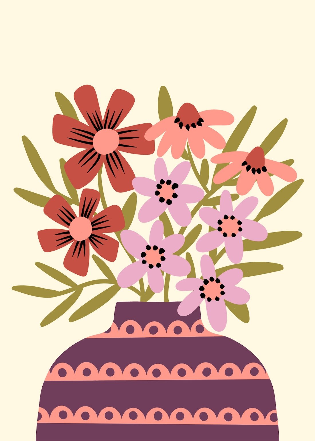 Placement print with a bouquet of terra cotta, coral and pink folk flowers in a striped plum vase on cream, copyright Sandra Hutter.
