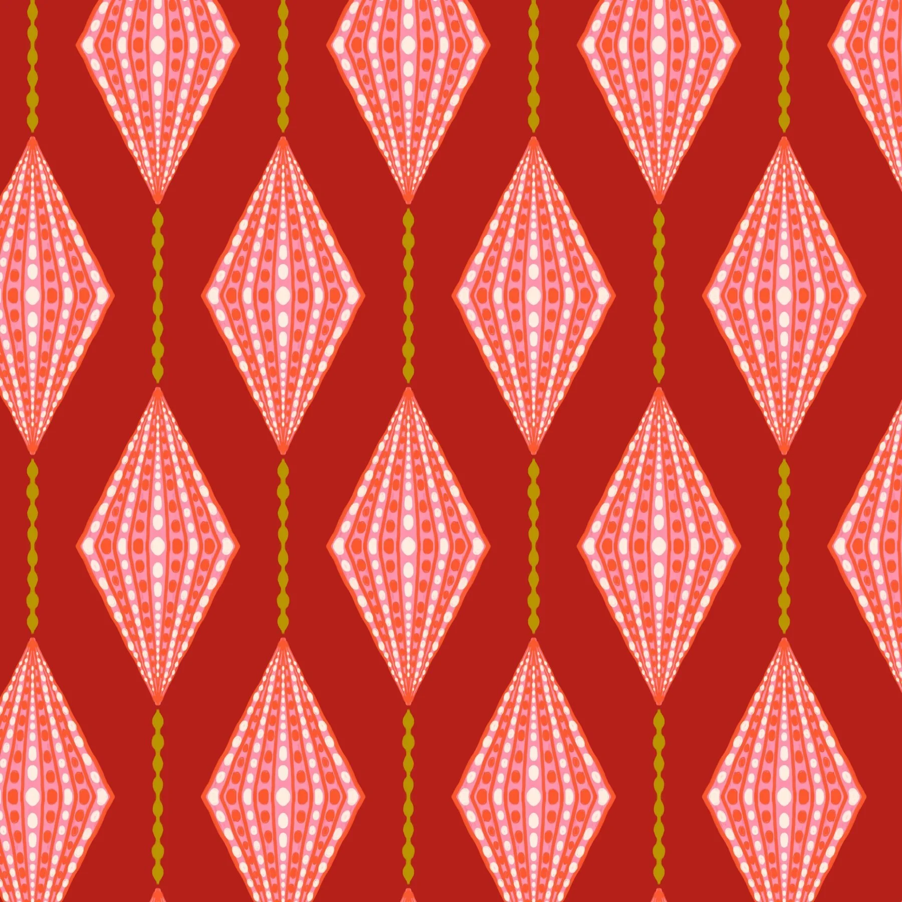 Jolly & Bright: Hanging Ornament Diamond Stripe in Red and Pink pattern preview, copyright Sandra Hutter.
