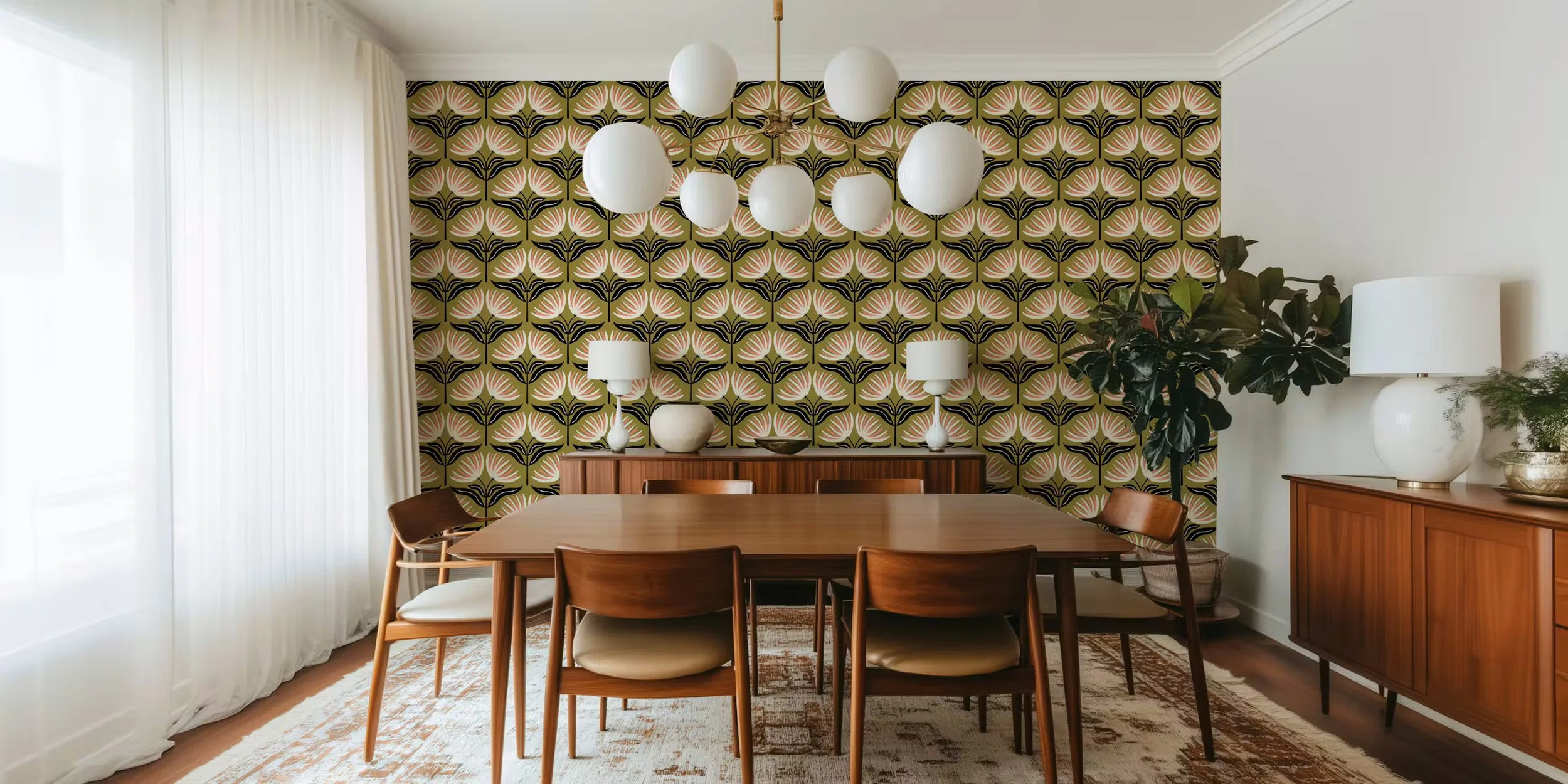 Wallpaper with cream and coral fan flowers on black stems on olive green in a mid century dining room, copyright Sandra Hutter.