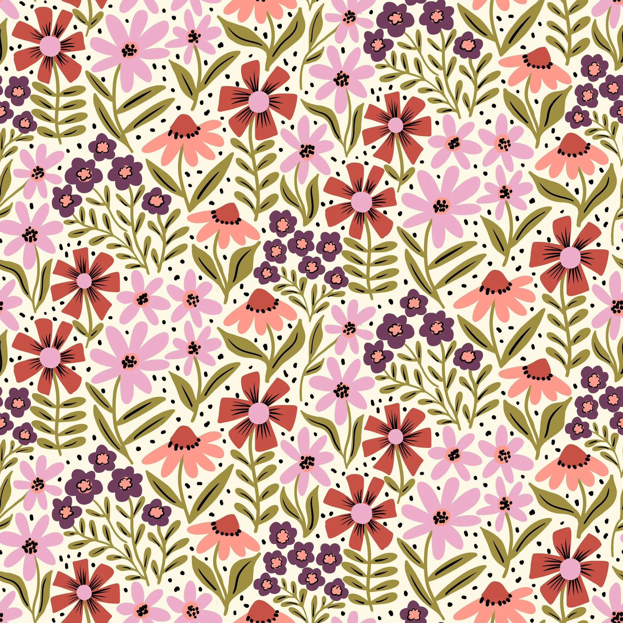Seamless repeat pattern with a ditsy wildflower meadow in terra cotta, plum and blush on cream, copyright Sandra Hutter.