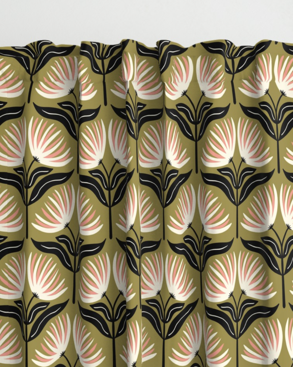 Curtain with cream and coral fan flowers on black stems on olive green, copyright Sandra Hutter.