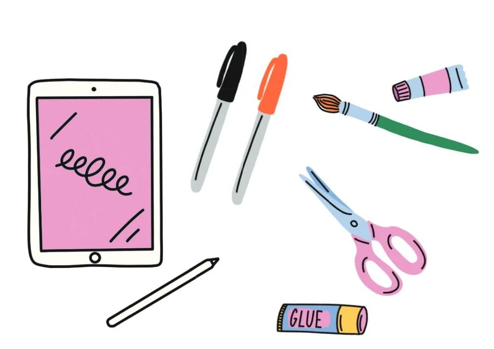 Drawing tools from Modern Folk Art book, including an iPad, markers, paintbrush, scissors, and glue