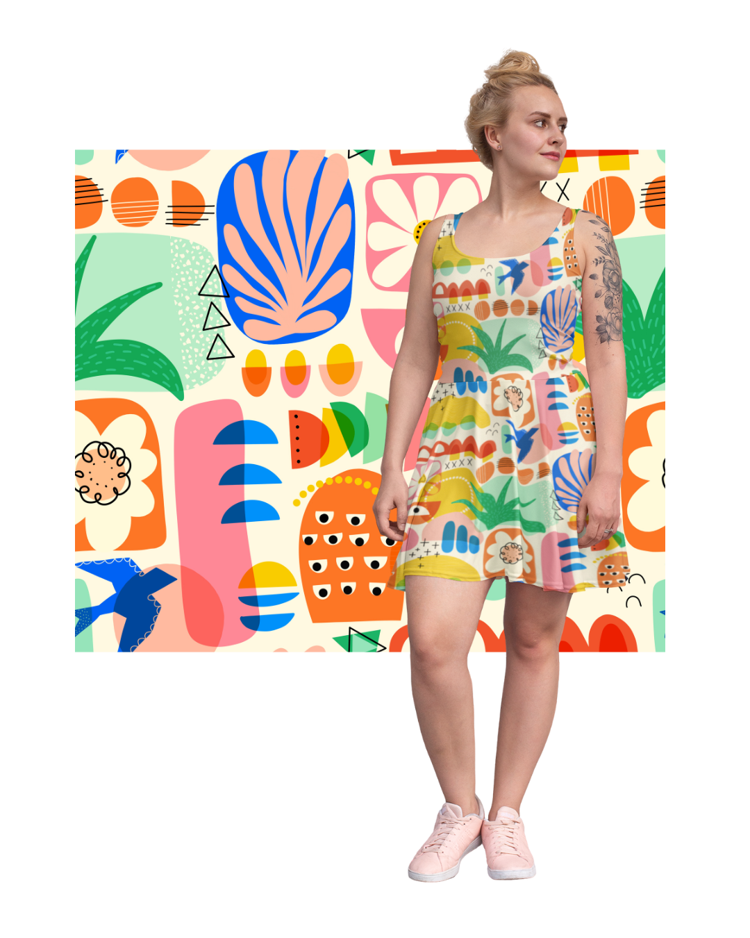 Lifestyle image showcasing colorful hand-painted surface pattern designs by Sandra Hutter for art licensing, custom product design, textiles, apparel, and home décor.